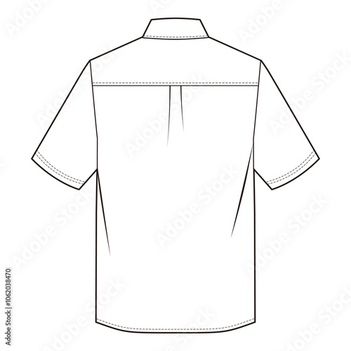 Back view of a short-sleeve shirt with classic collar, back yoke seam, and box pleat in minimalist line art.
