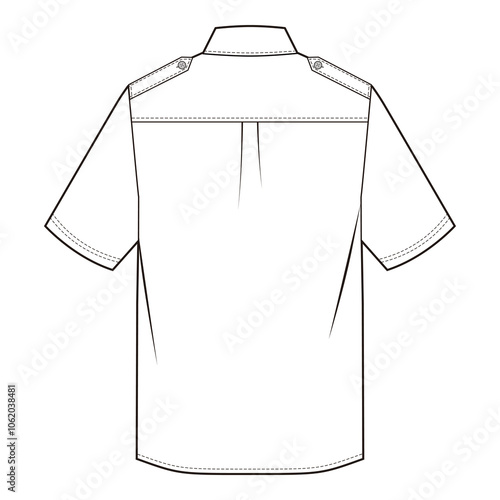 Back view of short-sleeve shirt with shoulder epaulettes, classic collar, yoke seam, and box pleat in line art style.
