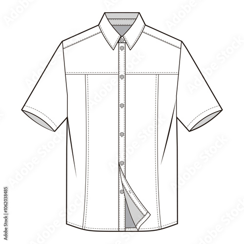 Front view of short-sleeve shirt with classic collar, button placket, yoke seam, and vertical panel details, minimalist style.
