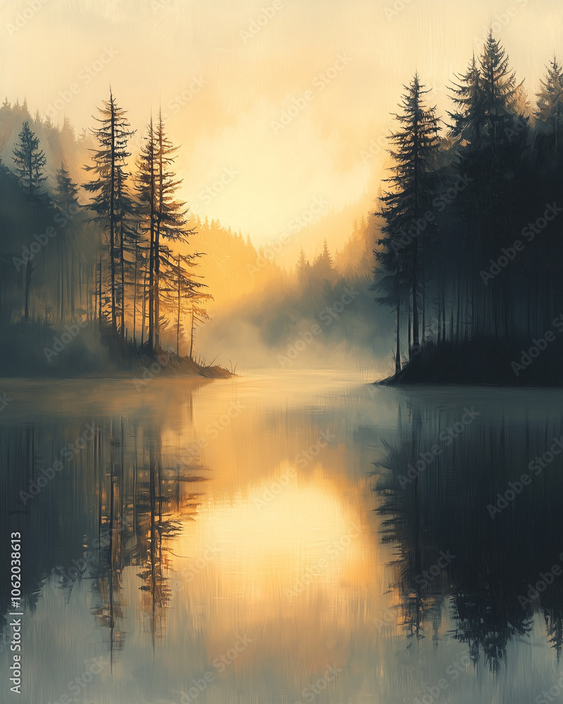 misty morning lake scene with a sunlit forest reflecting in the water under a soft dawn sky misty morning lake scene with a sunlit forest reflecting in the water under a soft dawn sky
