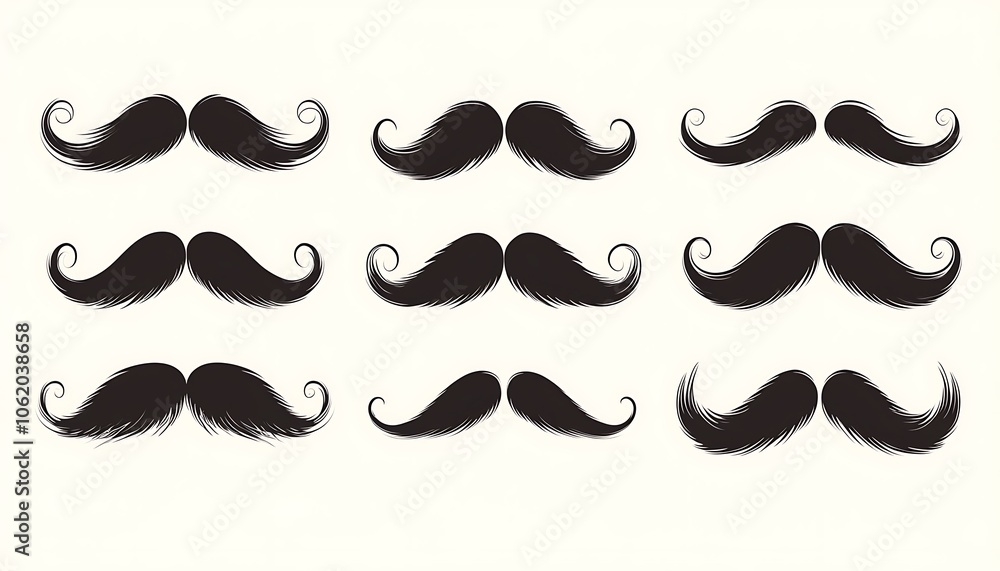 Vector set of handlebar mustaches and beards in black silhouette. Vector set of handlebar mustaches and beards in black silhouette.