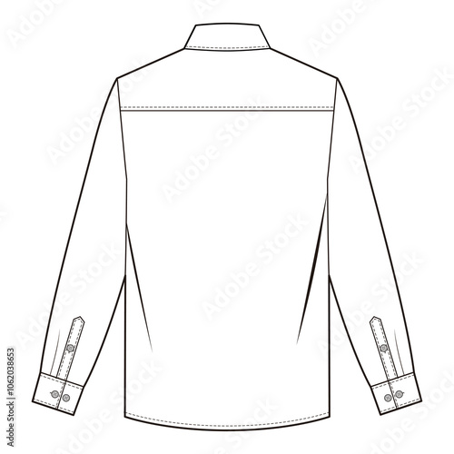 Long-sleeve shirt back view with classic collar, cuff details, and back yoke seam in minimalist style.
