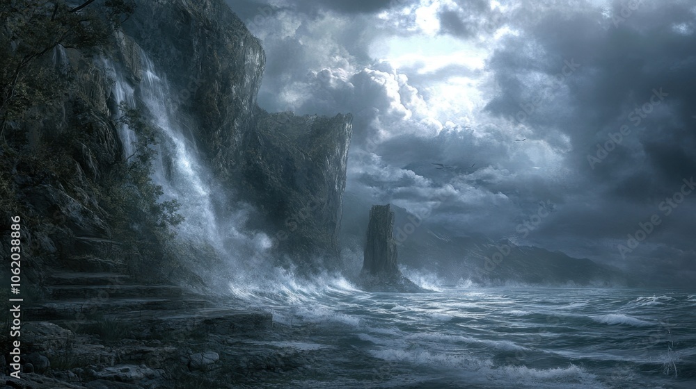 Ocean waves crashing against rocky cliffs, mist rising from the water under dramatic, cloudy skies Ocean waves crashing against rocky cliffs, mist rising from the water under dramatic, cloudy skies