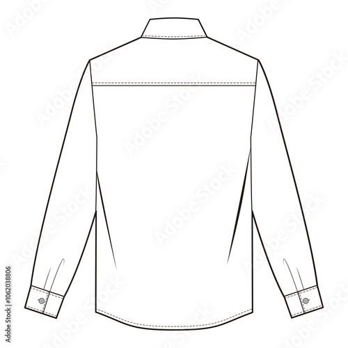Back view of long-sleeve shirt with yoke seam and button cuffs in simple line art style.
