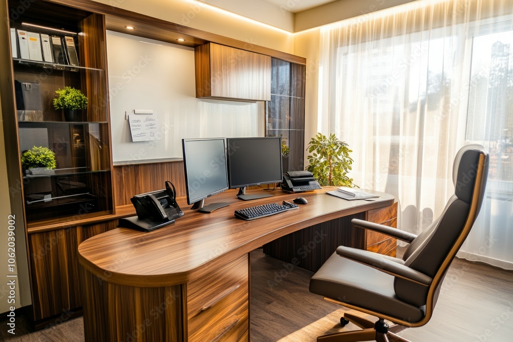 A minimalist administrative office with a large, modern wooden or glass desk A minimalist administrative office with a large, modern wooden or glass desk