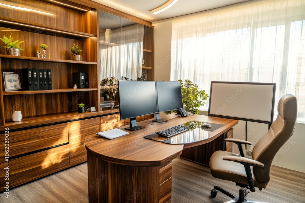 A minimalist administrative office with a large, modern wooden or glass desk A minimalist administrative office with a large, modern wooden or glass desk