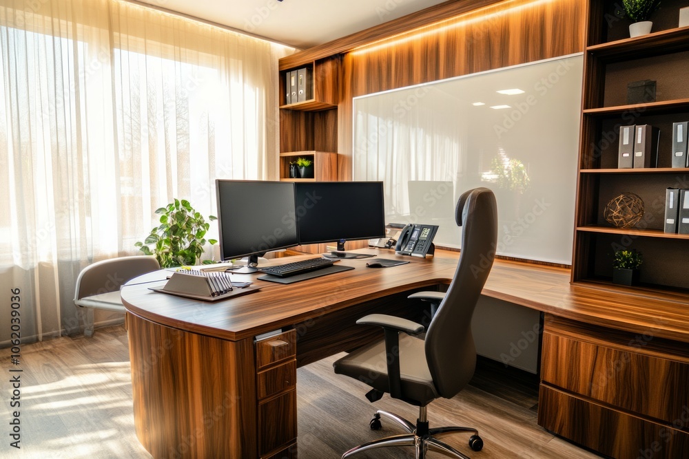 A minimalist administrative office with a large, modern wooden or glass desk A minimalist administrative office with a large, modern wooden or glass desk