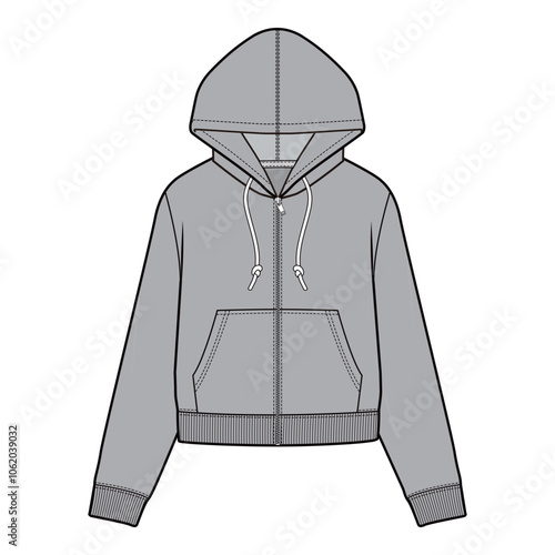 Front view of gray cropped hoodie with drawstring hood, kangaroo pocket, ribbed cuffs, and hem in flat illustration.
