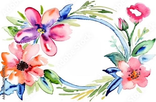 Watercolor flowers for postcard template, decorative wreath of leaves. Watercolour composition for wedding invitation. Space for text in the middle.