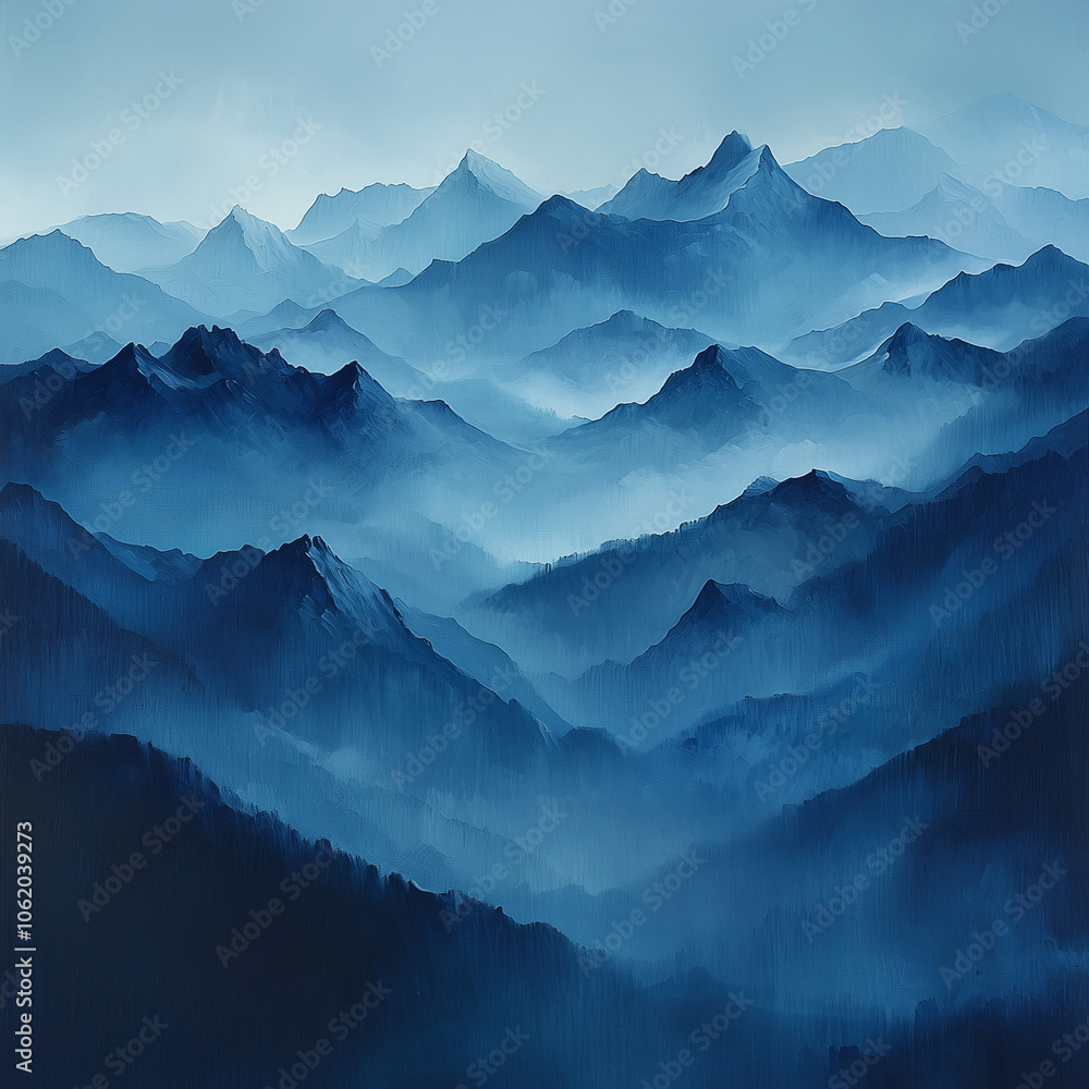 deep blue mist blankets a mountain landscape at dawn, offering a serene and expansive view deep blue mist blankets a mountain landscape at dawn, offering a serene and expansive view