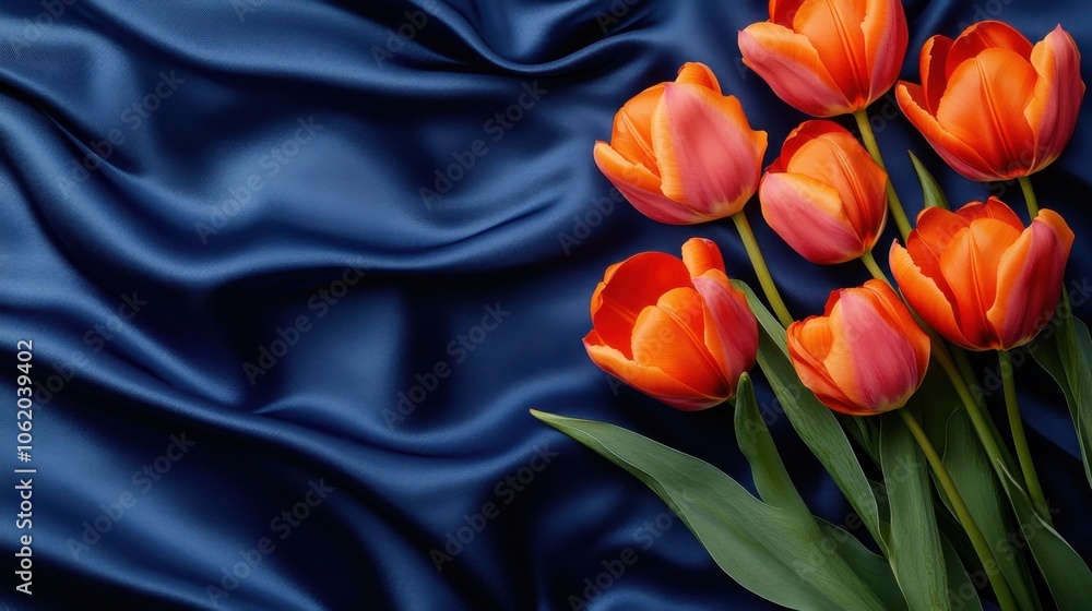 Orange tulips resting on a navy blue satin fabric, the bold color contrast creating a visually striking image Orange tulips resting on a navy blue satin fabric, the bold color contrast creating a visually striking image