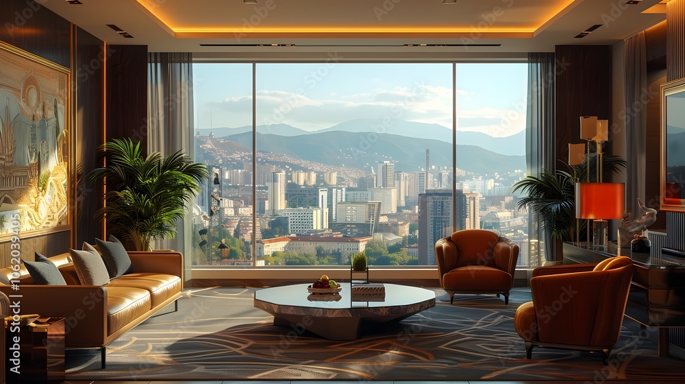 Fototapeta premium A living room with a large window overlooking a city