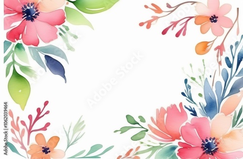 Watercolor flowers for postcard template, decorative wreath of leaves. Watercolour composition for wedding invitation. Space for text in the middle.