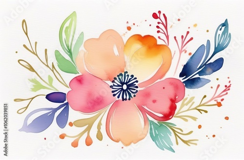 Watercolor flower for postcard template, decorative wreath of leaves. Watercolour composition for wedding invitation.