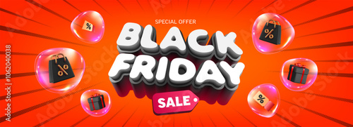 Black Friday Special Offer Promotional Banner with 3D Discount Symbols, Shopping Bags, and Gift Boxes on a Bright Red Background with Bubble Effects for Seasonal Marketing Campaigns and Holiday Sales