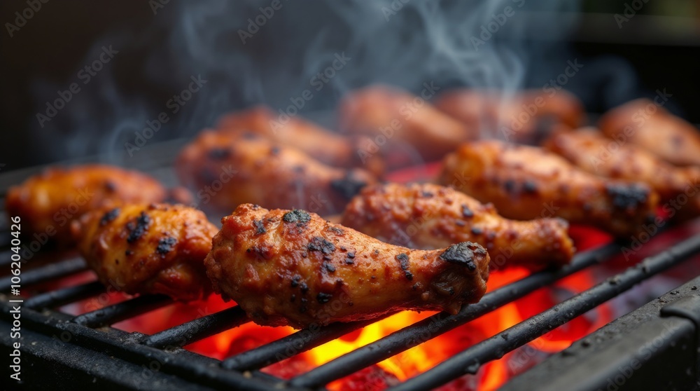 Barbecued chicken wings sizzling on the grill Barbecued chicken wings sizzling on the grill