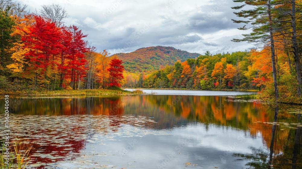 Obraz premium A picturesque autumn scene with vibrant red, orange, and yellow trees surrounding the tranquil lake