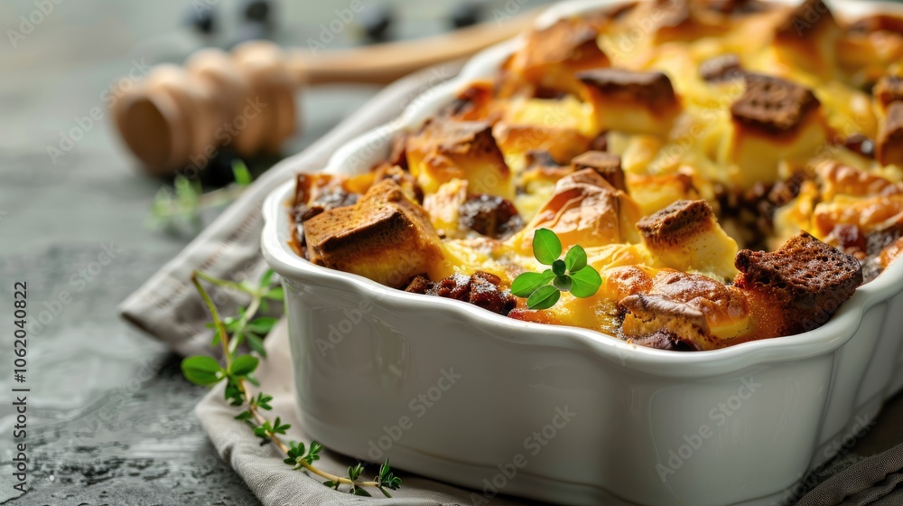 Bread pudding freshly baked in casserole on gray backdrop Bread pudding freshly baked in casserole on gray backdrop