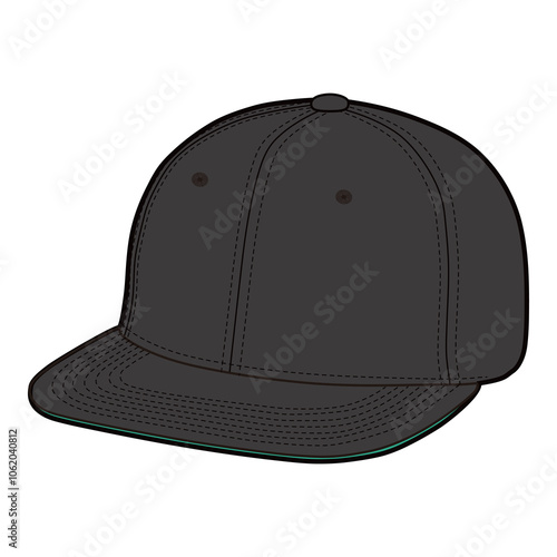 Angled front view of black flat-brim cap with button top, structured stitching, and ventilation eyelets.
