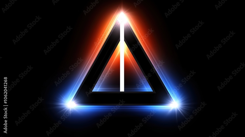Triangle with a red and blue light shining on it. The triangle is lit up and has a white line in the middle Triangle with a red and blue light shining on it. The triangle is lit up and has a white line in the middle