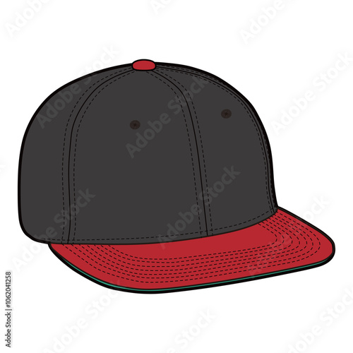 Side view of black and red flat brim cap with stitching details and button top.
