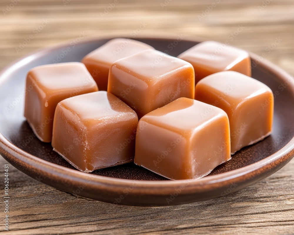 Sweet Indulgence: A close-up of a plate of caramel chews, each one glistening with a golden hue, tempting taste buds with their rich, buttery aroma. Perfect for showcasing homemade treats. Sweet Indulgence: A close-up of a plate of caramel chews, each one glistening with a golden hue, tempting taste buds with their rich, buttery aroma. Perfect for showcasing homemade treats.