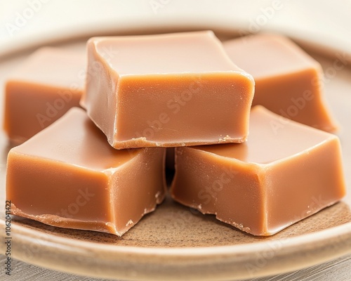 Sweet Indulgence: A close-up shot of smooth, rich caramel fudge squares, capturing the warm, inviting texture and tempting appeal of this classic confection.  