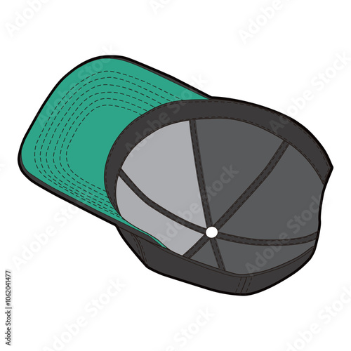 Bottom view of black cap with green under brim, showing inside panel and stitching.
