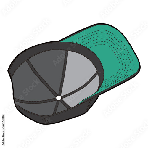 Bottom view of black cap with green under brim and inner panel stitching, open layout.
