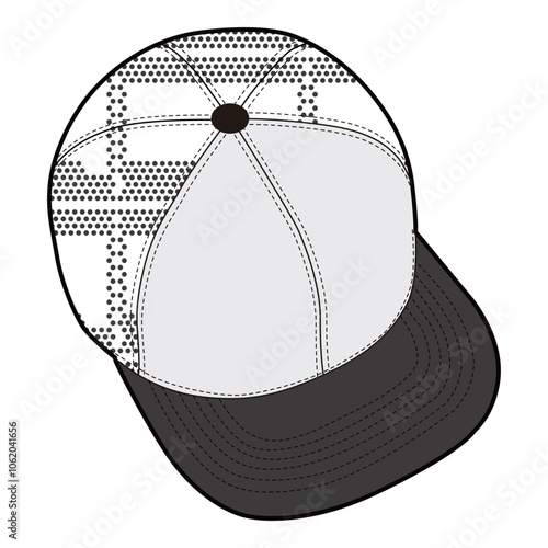 Top view of white and black cap with dotted pattern, black brim, and stitched details.
