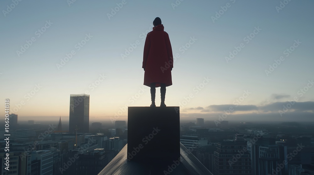 Person in a red coat stands on a box in front of a city skyline. The sky is a mix of blue and orange, creating a serene and peaceful atmosphere Person in a red coat stands on a box in front of a city skyline. The sky is a mix of blue and orange, creating a serene and peaceful atmosphere