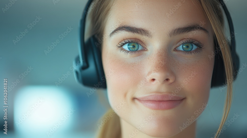 A woman with green eyes and a smile is wearing headphones. She is looking directly at the camera A woman with green eyes and a smile is wearing headphones. She is looking directly at the camera