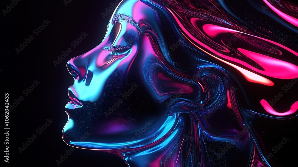 Close-up of rainbow-colored holographic liquid metal human head against black background, showcasing an abstract distorted futuristic fluid organic form Close-up of rainbow-colored holographic liquid metal human head against black background, showcasing an abstract distorted futuristic fluid organic form