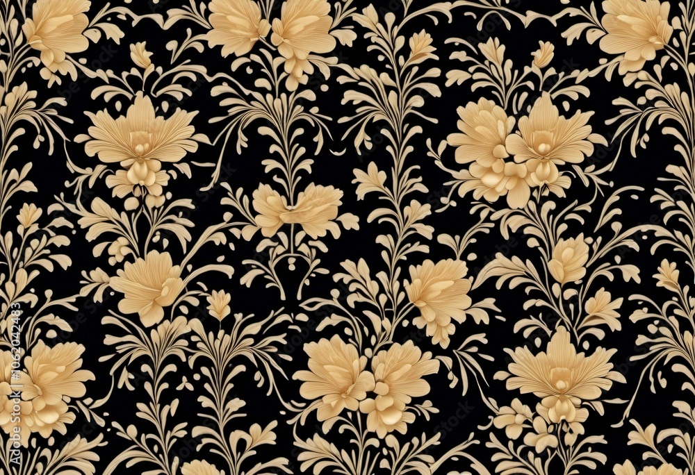 Fototapeta premium Seamless pattern with gold flowers on a black background. 
