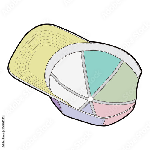 Inside view of pastel six-panel baseball cap showing colorful interior panels and visor in minimalist illustration.
