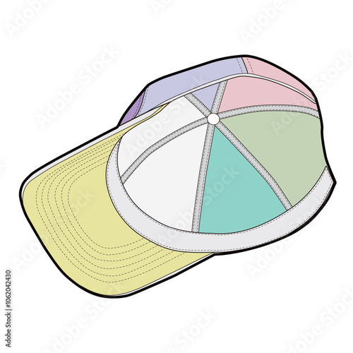 Angled inside view of pastel six-panel baseball cap with multicolor panels and yellow visor in flat illustration.
