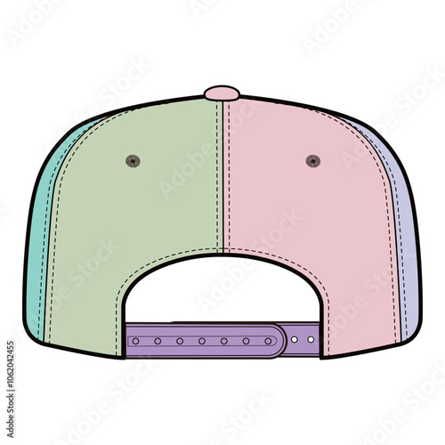 Back view of pastel six-panel baseball cap with snapback closure and multicolor panels in flat illustration.
