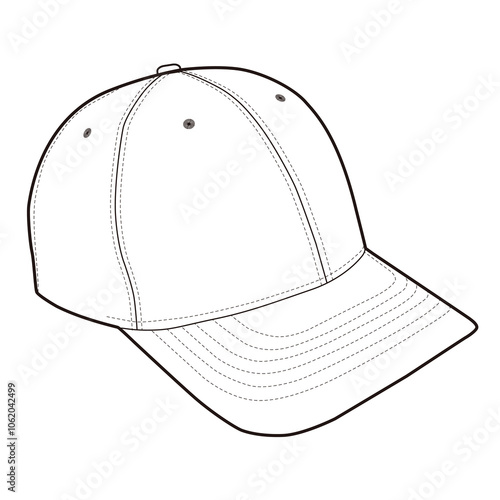 Angled front view of plain six-panel baseball cap with curved visor in minimalist line art.
