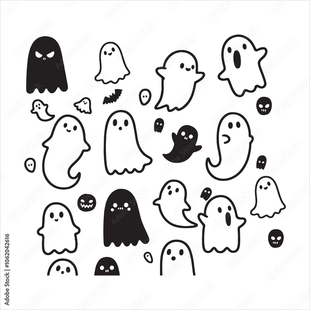Ghost doodle seamless pattern. Halloween vector spooky repeat wallpaper tile background. Ghost cartoon illustration gift wrap paper white design silhouette on white background
Ghost doodle seamless pattern. Halloween vector spooky repeat wallpaper tile background. Ghost cartoon illustration gift wrap paper white design silhouette on white background