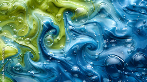 Abstract Swirling Blue and Green Background with Bubbles