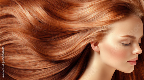 A close-up portrait of a woman with flowing, silky red hair against a smooth background. The hair radiates beauty and elegance.