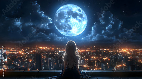 Nighttime Cityscape Illustration with Girl and Full Moon photo