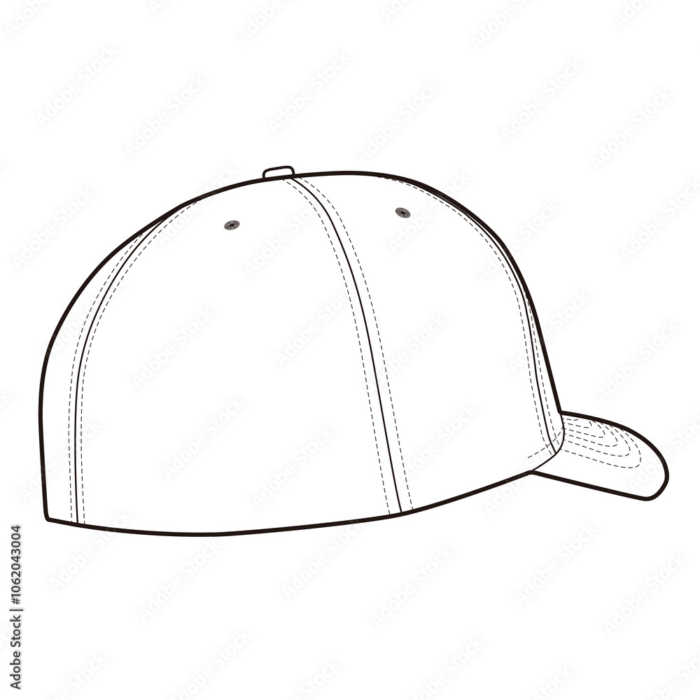 Angled side-back view of six-panel baseball cap with curved visor and stitching in minimalist illustration.
Angled side-back view of six-panel baseball cap with curved visor and stitching in minimalist illustration.