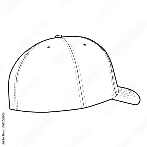 Angled side-back view of six-panel baseball cap with curved visor and stitching in minimalist illustration.
