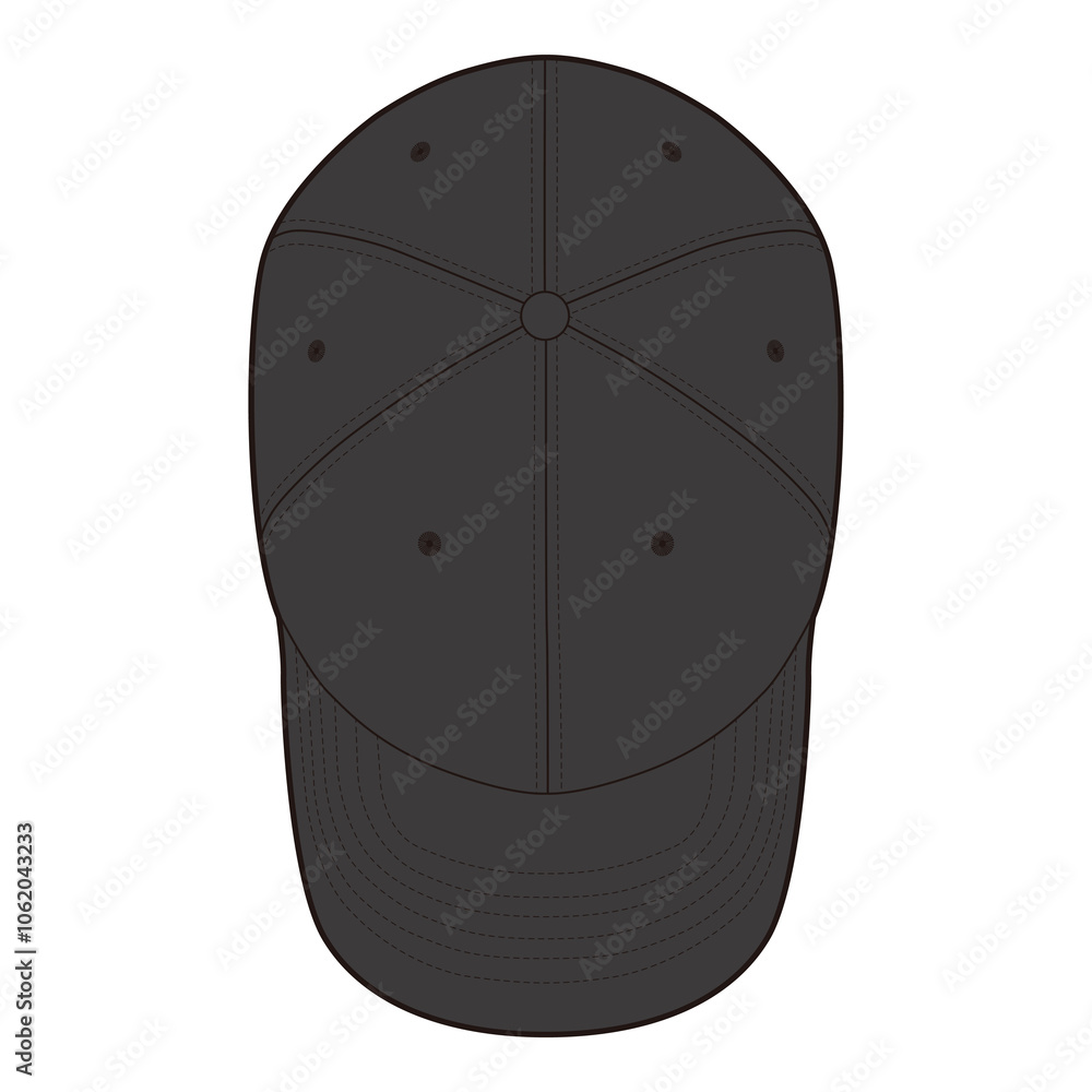 Top view of plain black six-panel baseball cap with curved visor in flat illustration.
Top view of plain black six-panel baseball cap with curved visor in flat illustration.