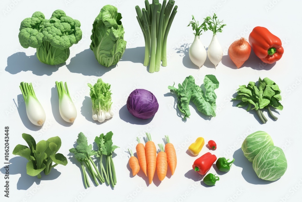 Cartoon anime style top view set of vegetables on white background Cartoon anime style top view set of vegetables on white background