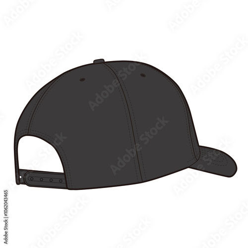Opposite back angled view of black six-panel baseball cap with snapback closure in flat illustration.
