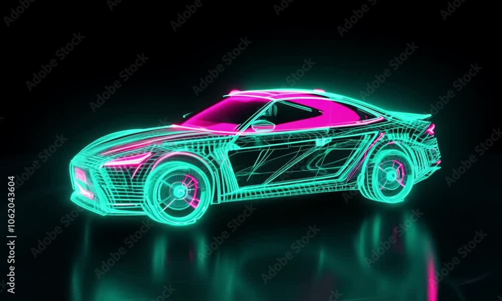 Sleek futuristic car with neon outlines and vibrant colors, emphasizing a cyberpunk aesthetic in a dark setting Sleek futuristic car with neon outlines and vibrant colors, emphasizing a cyberpunk aesthetic in a dark setting