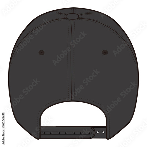 Back view of black baseball cap with snapback closure in minimalistic flat style illustration.
