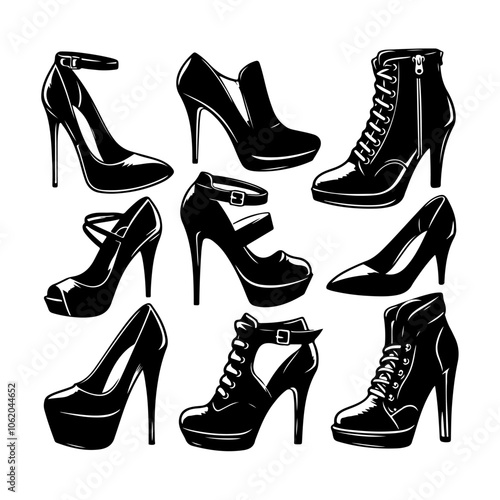 Ladies shoes Set silhouette vector, Shoes icon illustration, Women shoes silhouette fashion on a white background